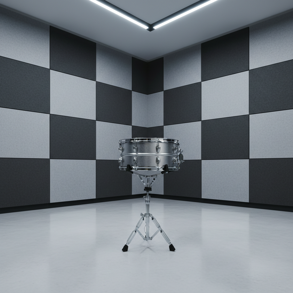 A minimalist rehearsal corner showcasing a single, well-worn but carefully maintained silver snare drum on a chrome stand, centered on a pristine light gray rehearsal-room floor. Behind it, a wall of evenly spaced, rectangular acoustic panels in varying shades of gray creates a structured grid pattern. Cool, diffused overhead lighting evenly illuminates the drum’s brushed-metal shell, taut white head, and precise tension rods, casting a soft circular shadow beneath. Captured from a slightly low, frontal angle, the drum dominates the frame while the geometric wall adds depth and order. The mood is focused and disciplined, with photographic realism, clean lines, and a corporate-modern atmosphere that hints at rock energy within a controlled, professional environment.