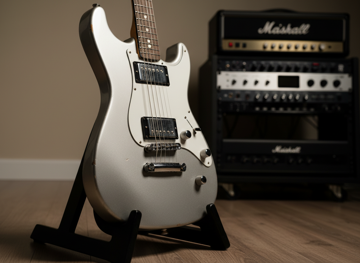 A close-up of a polished electric guitar body in muted silver, its finish slightly worn near the pickguard, resting on a minimalist, dark wood stand against a neutral beige wall. The guitar’s chrome hardware and taut strings catch soft studio lighting from above and slightly to the side, creating controlled highlights and crisp, linear shadows on the floor. In the softly blurred background, a neatly stacked rack of black and silver audio equipment hints at a professional setup. Captured from a slightly low, three-quarter angle, the composition emphasizes the guitar’s contours and textures while maintaining a balanced, corporate aesthetic. The mood is focused and professional, with photographic realism, clean composition, and a restrained color palette reflecting a serious rock-influenced musician’s workspace.