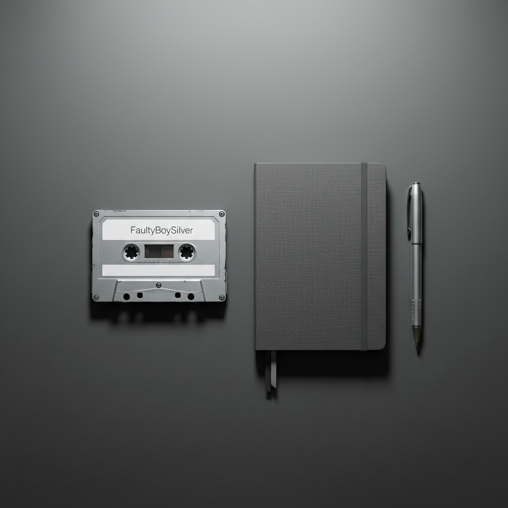 A refined album concept still life inspired by early grunge rock: a slightly scuffed silver cassette tape labeled “FaultyBoySilver” in neat, minimalist typography rests on a matte-black surface next to a closed, charcoal-gray notebook with a subtle fabric texture and a slim metallic pen placed precisely parallel to its edge. The background fades to a soft gradient of cool gray, lit by directional side lighting that creates long, controlled shadows and emphasizes clean geometry. Shot from a top-down, bird’s-eye perspective, the composition is carefully gridded and aligned, evoking a structured, corporate aesthetic. The mood is introspective yet disciplined, with photographic realism, neutral tones, and balanced composition reflecting a songwriter’s organized, professional creative process.