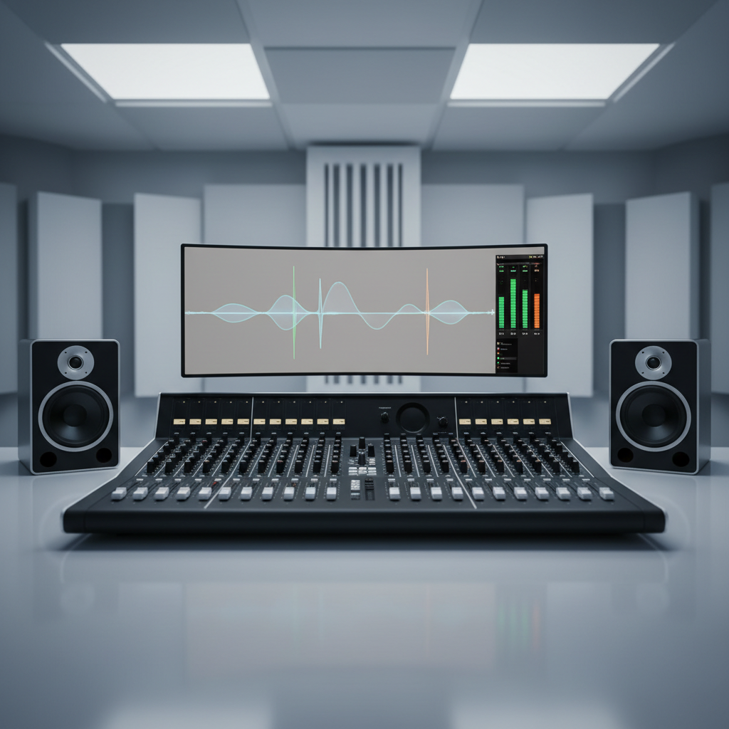 A clean, organized mixing workstation featuring a large, flat matte-black control surface with rows of faders and knobs, flanked by two medium-sized studio monitors and a widescreen display showing a neutral-toned waveform and level meters. The equipment is arranged symmetrically on a smooth, light gray desk surface, with a subtle reflection beneath. Cool, diffused overhead lighting creates even illumination and soft, minimal shadows, reinforcing a technical, analytical atmosphere. The background shows blurred acoustic treatment panels in matching gray tones, maintaining a structured, corporate feel. Shot from a slightly elevated angle with sharp focus throughout, the composition is balanced and centered, capturing photographic realism, clean lines, and a highly professional, precision-driven mood suited to serious music production.